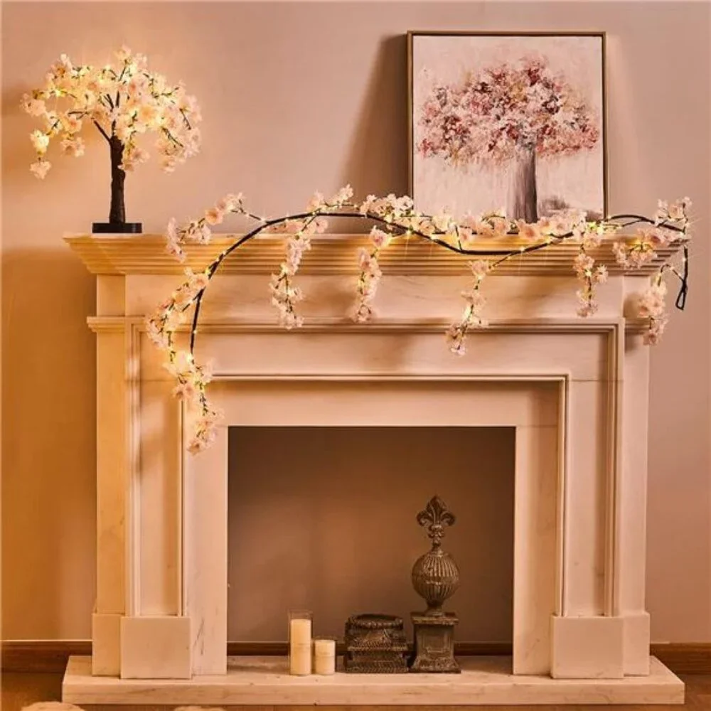 Lighted Garland Spring with Cherry Blossom 96 Fairy Lights 6FT for Mantle
